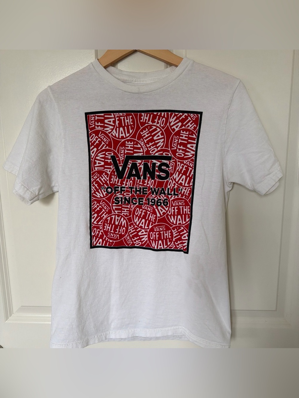 Vans White Short-Sleeve Tee with Red Logo Panel